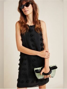 Anthropologie Black Sleeveless Pom-Pom Shift Mini Dress